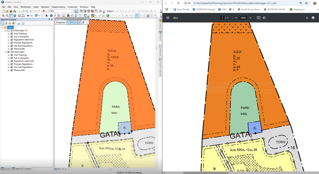 Skärmklipp som visar en detaljplan i programvarorna GEOSECMA Fysisk Planering respektive Focus Detaljplan Total sida vid sida